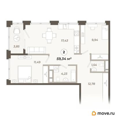 2-комн. квартира, 59.34 м&sup2;