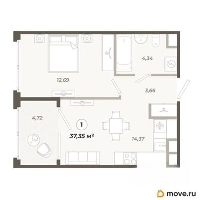 1-комн. квартира, 37.35 м&sup2;