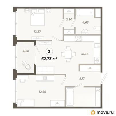2-комн. квартира, 62.73 м&sup2;