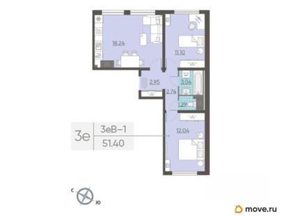 2-комн. квартира, 51.4 м&sup2;