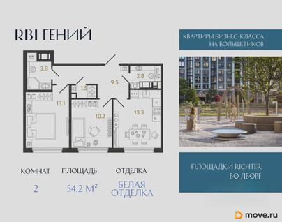 2-комн. квартира, 54.2 м&sup2;