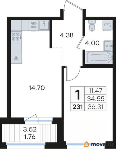 1-комн. квартира, 36.31 м&sup2;