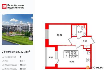 1-комн. квартира, 32.33 м&sup2;