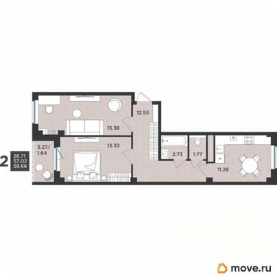2-комн. квартира, 58.66 м&sup2;