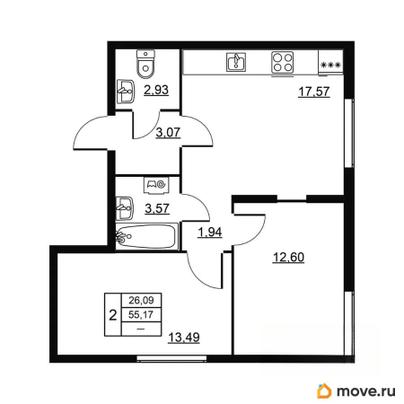 2-комн. квартира, 55.17 м&sup2;
