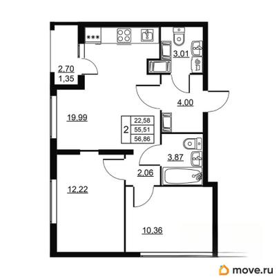 2-комн. квартира, 56.86 м&sup2;