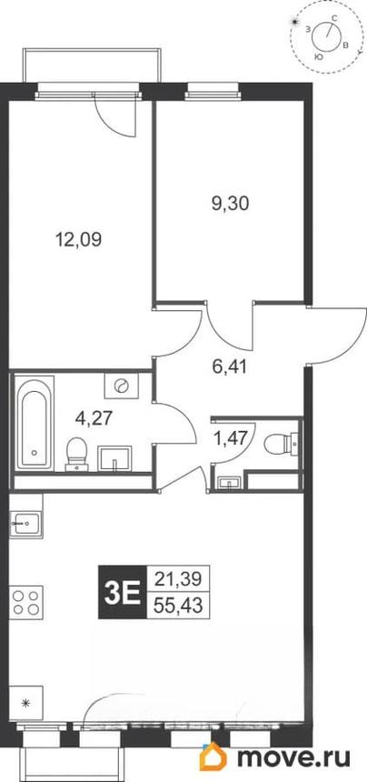 3-комн. квартира, 55.43 м&sup2;