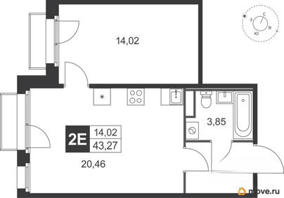 2-комн. квартира, 43.27 м&sup2;