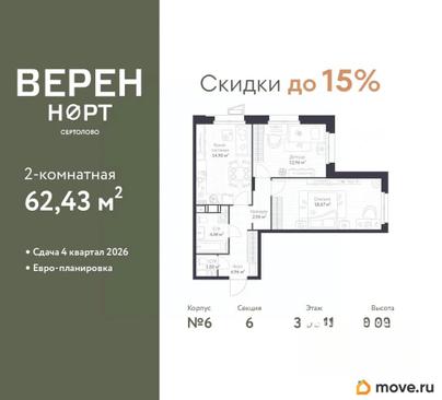 2-комн. квартира, 62.43 м&sup2;