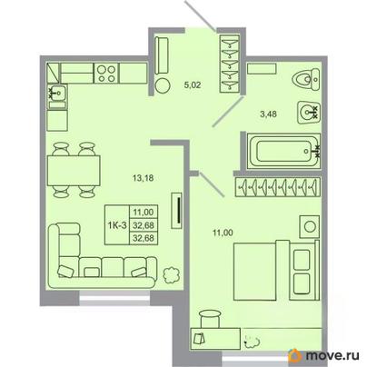 1-комн. квартира, 32.68 м&sup2;