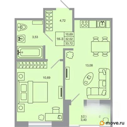 1-комн. квартира, 33.72 м&sup2;