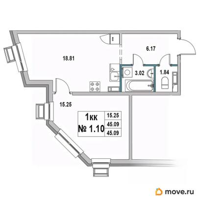 1-комн. квартира, 45.09 м&sup2;