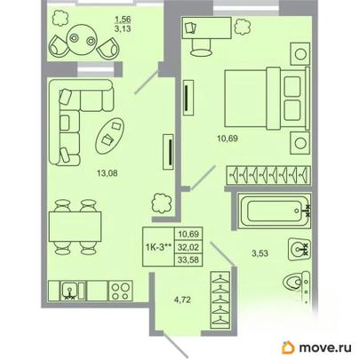 1-комн. квартира, 33.58 м&sup2;