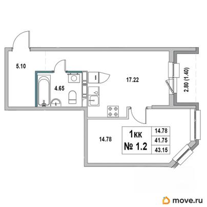 1-комн. квартира, 43.15 м&sup2;