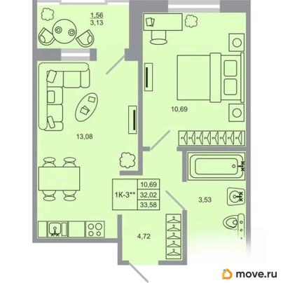 1-комн. квартира, 33.58 м&sup2;