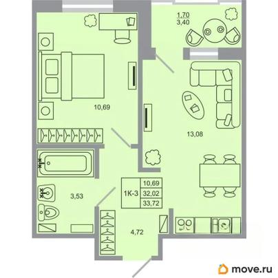 1-комн. квартира, 33.72 м&sup2;