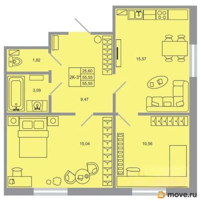 2-комн. квартира, 55.55 м&sup2;