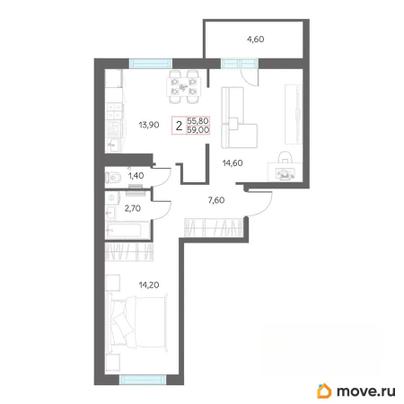 2-комн. квартира, 59 м&sup2;