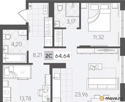 2-комн. квартира, 64.64 м&sup2;