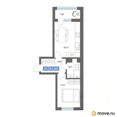 1-комн. квартира, 41.2 м&sup2;