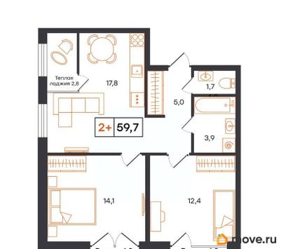 2-комн. квартира, 59.7 м&sup2;