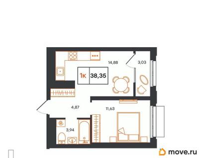 1-комн. квартира, 38.35 м&sup2;