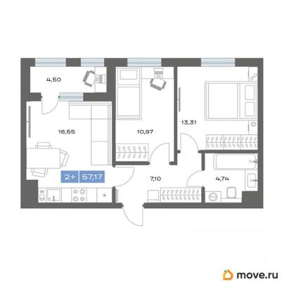 2-комн. квартира, 57.17 м&sup2;