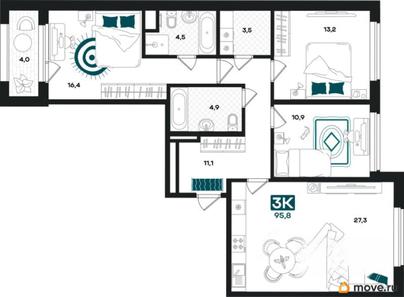 3-комн. квартира, 95.8 м&sup2;