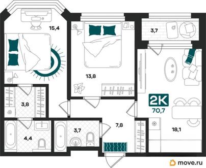 2-комн. квартира, 70.7 м&sup2;