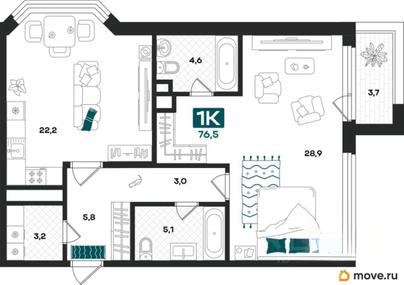 2-комн. квартира, 76.5 м&sup2;