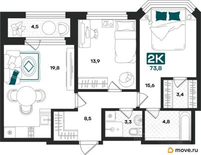2-комн. квартира, 73.8 м&sup2;