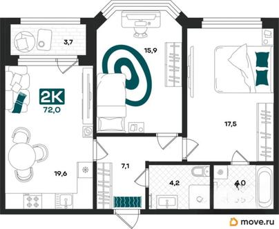 2-комн. квартира, 72 м&sup2;