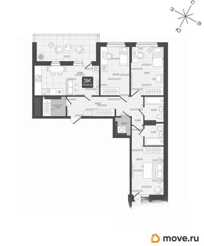 3-комн. квартира, 109.49 м&sup2;