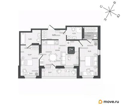 2-комн. квартира, 76.99 м&sup2;