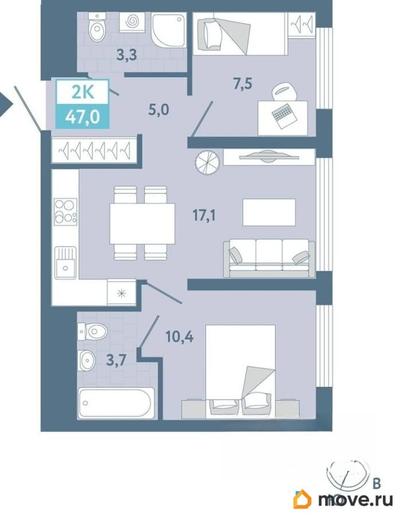 2-комн. квартира, 47 м&sup2;