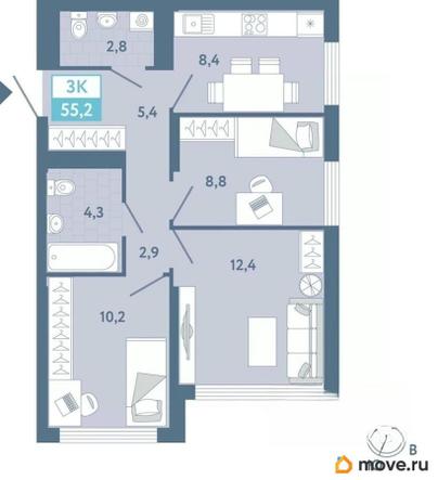 2-комн. квартира, 55.5 м&sup2;
