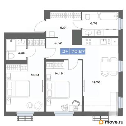 2-комн. квартира, 70.87 м&sup2;
