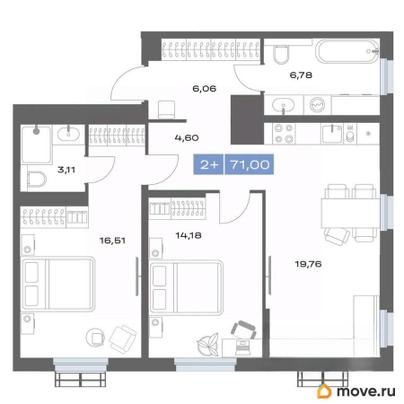 2-комн. квартира, 71 м&sup2;