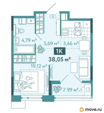 1-комн. квартира, 38.05 м&sup2;