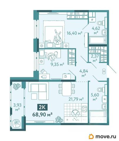 2-комн. квартира, 68.9 м&sup2;