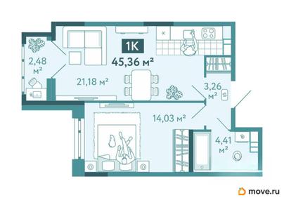 1-комн. квартира, 45.36 м&sup2;