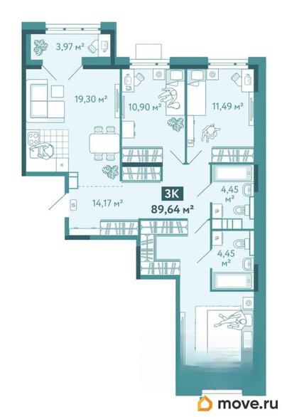 3-комн. квартира, 89.64 м&sup2;