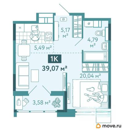 1-комн. квартира, 39.07 м&sup2;