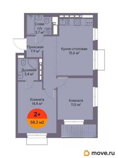 2-комн. квартира, 58.2 м&sup2;