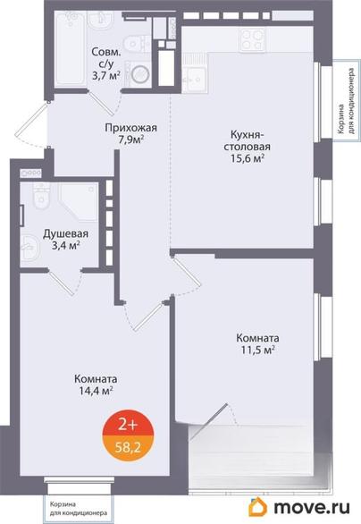 2-комн. квартира, 58.2 м&sup2;