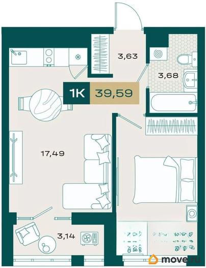 1-комн. квартира, 37.69 м&sup2;