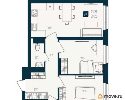 2-комн. квартира, 59.26 м&sup2;
