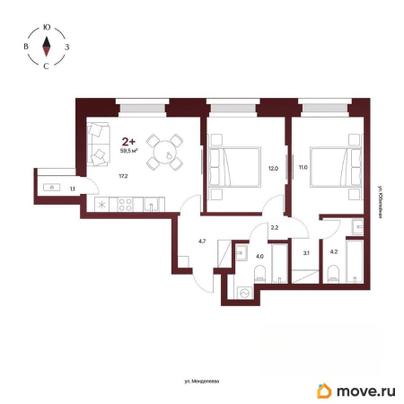 2-комн. квартира, 59.5 м&sup2;