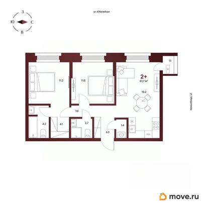 2-комн. квартира, 61.7 м&sup2;