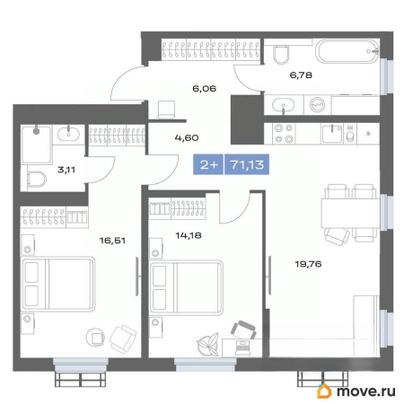 2-комн. квартира, 71.13 м&sup2;